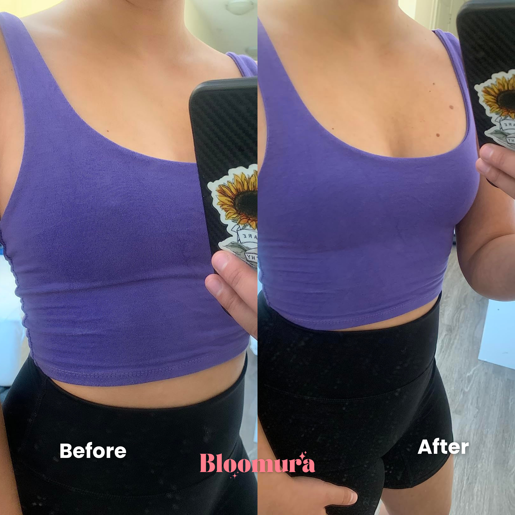 Before and after comparison of a person wearing a purple sports bra and black leggings, with 'Bloomura' branding.